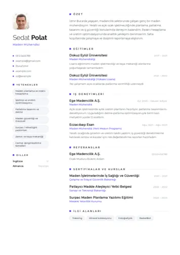 Maden Mühendisi Cv Örnekleri cv indir